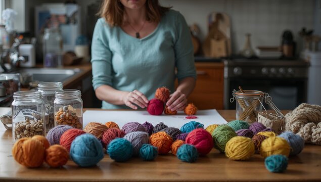 Crafting Colorful Felt Designs at Home in a Cozy Kitchen Workspace
