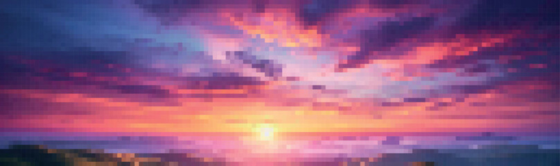 Vector pixel art sunset over the ocean with vivid magenta, violet, orange, and blue tones. Retro digital seascape in 8-bit style, perfect for games, backgrounds, and futuristic design projects.