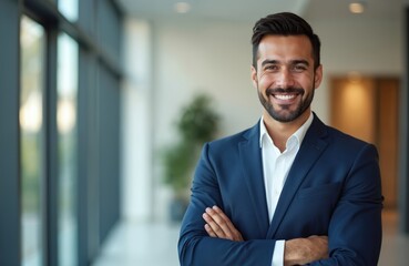 Fototapeta premium Attractive Latin business man in navy suit. Confident entrepreneur smiles at camera. Professional model stands in modern office with crossed arms.