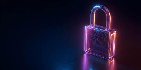 Electronic circuit futuristic neon padlock. Copy paste empty place for text. Cyber, personal data, privacy information security. Internet networking protection security system cybersecurity concept