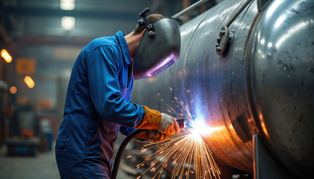 Man in blue uniform welds large metal tank inside modern factory setting. Bright sparks glow from powerful welding torch. Wears protective helmet, gloves for personal safety. Essential heavy industry