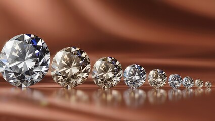 Elegant row of sparkling diamonds showcasing various sizes on a reflective surface, ideal for luxury jewelry campaigns and sophisticated design projects