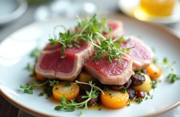 Seared tuna slices arranged on a white plate with yellow beets and herbs. Served with a light sauce, this dish is a gourmet presentation of fresh seafood.