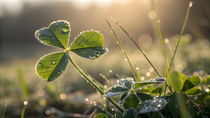 A macro shot of a fourleaf clover with a water droplet on its leaf, reflecting the surrounding greenery in the soft morning light, symbolizing luck and freshness in nature