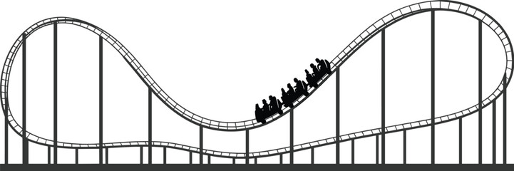 Roller coaster with loops and hills in black and white vector style showing thrill ride dynamics for amusement park and physics concepts