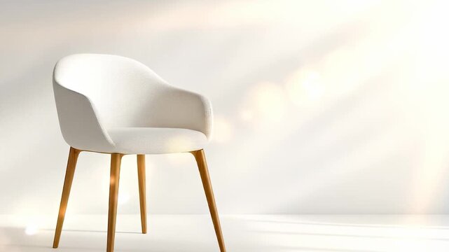 A stylish white chair stands alone against a softly lit wall, creating a modern and minimalist scene. The elegant chair&rsquo;s design emphasizes simplicity and comfort in the inviting s