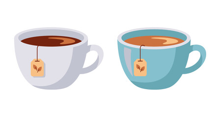 Two colorful mugs of hot tea with tags simple cartoon illustration