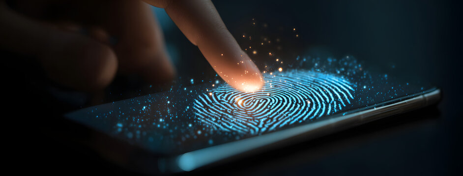 smartphone digital identity and cybersecurity of personal banking or investment safety online concept, wide banner of mobile phone using biometric digital finger print and Two-factor authentication