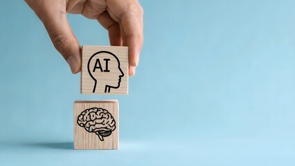 Innovative AI concept with wooden blocks showing human brain, perfect for tech, science, and future-forward ideas for business and education projects