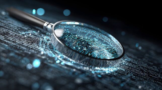 A magnifying glass placed over lines of text, surrounded by digital data and holographic elements, suggesting a theme of data analysis or investigation - Powered by Adobe