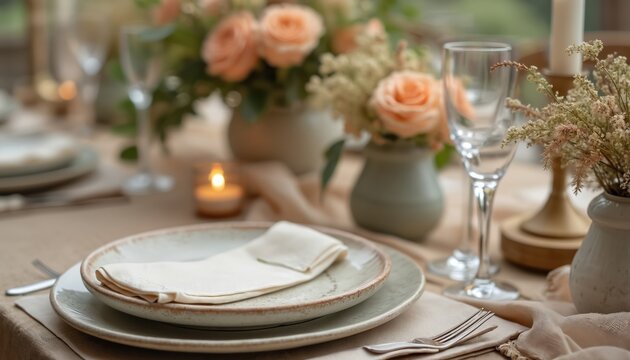 Table setting with peach roses, white flowers, candles, and plates. Elegant rustic decor for a wedding or special event. Soft natural light creates a romantic atmosphere.