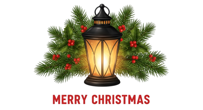 Lantern with christmas pine and holly isolated on transparent background