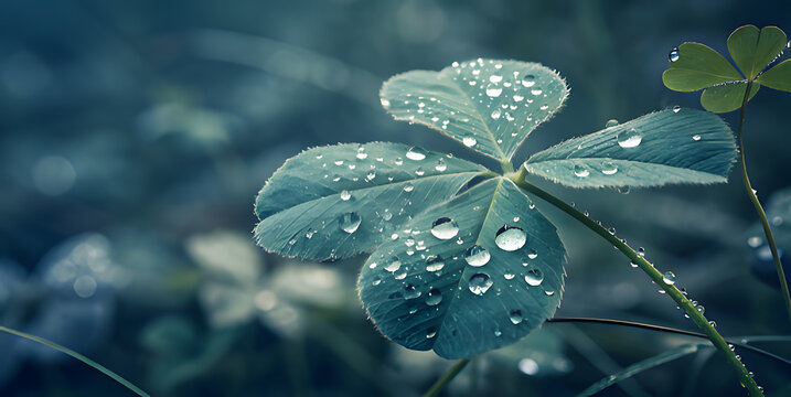 Closeup of a fourleaf clover covered in water droplets, symbolizing luck and good fortune, with a blurred background creating a serene and natural atmosphere in a lush green setting