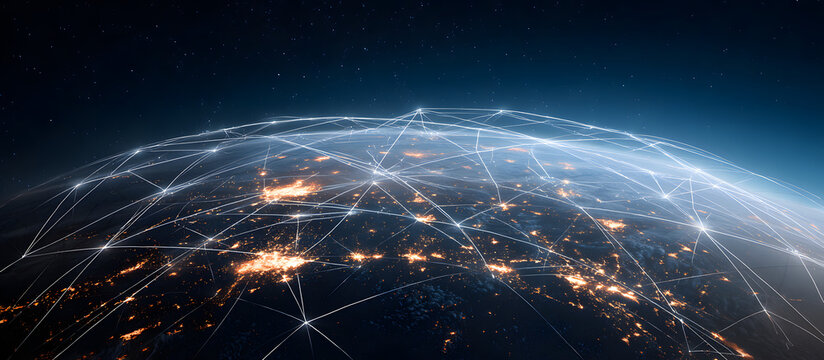 European telecommunication and data transfer networks with global internet connectivity for communication technology. Includes IoT, finance, business, blockchain, and security. - Powered by Adobe