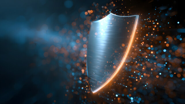 A sleek, high-tech shield with glowing edges hovers against a dark, abstract background with blue and orange digital sparks. The image conveys themes of cybersecurity