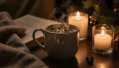 Fototapeta premium Warm cup of herbal tea with steam surrounded by candles and a book 