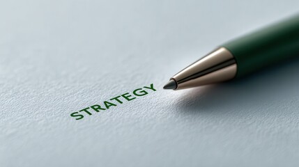 Green Pen Resting on Paper With the Word Strategy Written in Bold Letters in a Business Setting