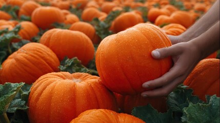 Person's hand holding a large orange pumpkin in the middle of a field of smaller pumpkins. the pumpkins are arranged in rows and are surrounded by green leaves.