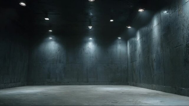 Empty industrial space with dim lighting and textured walls  