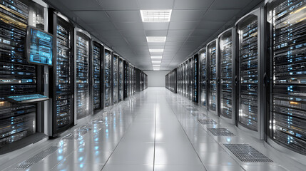 Depict a state of the art data center with rows of server racks, cooling systems, and redundant power supplies