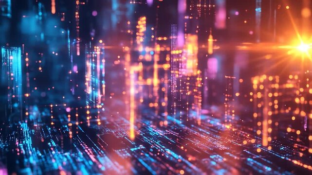 The digital landscape features vibrant blue and orange lights that create an energetic scene. This technological environment showcases illuminated patterns floating in the air.