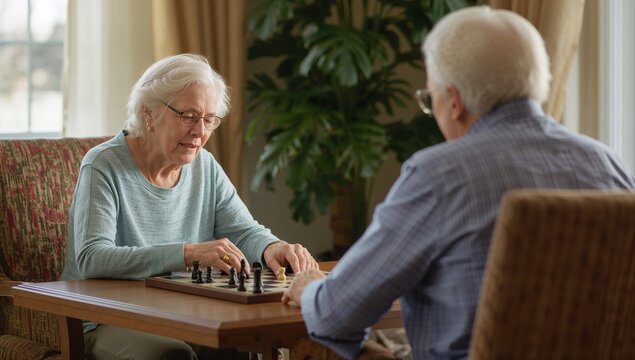 Elderly Couple Enjoys a Friendly Game of Chess in a Cozy Living Room During the Afternoon