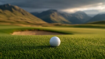 Golf Ball Resting on Green Grass With a Scenic Landscape in the Background at Sunset