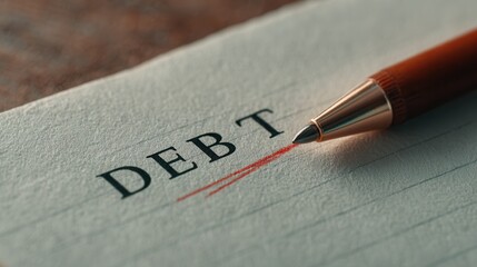 Red Pen Crosses out the Word Debt on a Lined Paper Sheet in a Clear and Focused Scene