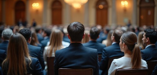 Many people sit at business conference in large auditorium. Back view of audience in formal suits listening to presentation. Crowd attends pro seminar, corporate summit, or educational forum.