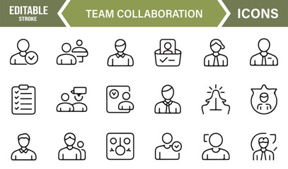 Fototapeta premium Editable Stroke Line Icons – Team, Leader, and Communication Symbols for Business and Office Projects