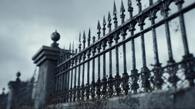 Ornate iron fence with spikes against a cloudy sky background  