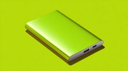 3d rendering of a green power bank. the power bank is rectangular in shape and has a smooth surface. it has a silver power button on the right side and a small usb port on the left side.