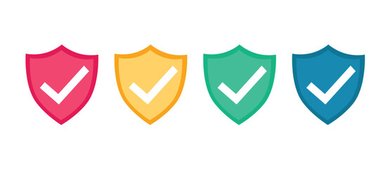 Set of colored shields with check mark. For protection, security, reliability, verification, technology, science, education