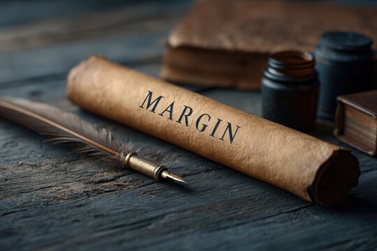 Old Scroll With Margin Written on It Beside Quill Pen and Ink Bottle on Wooden Table