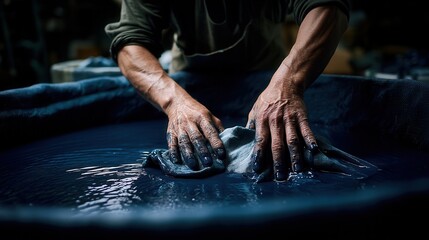 Hands Immerse Fabric in Deep Blue Dye During Traditional Textile Crafting Process in Workshop