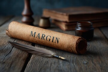 Old Scroll With the Word Margin Written, Quill, Ink Jar, and Brown Books on Rustic Table