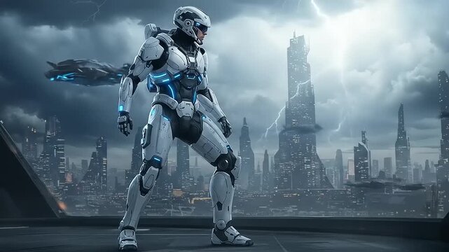 Futuristic city with a cyborg and spaceships during a thunderstorm in the background