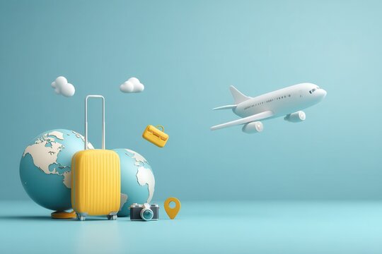 Creative Travel Scene With Suitcase, Camera, and Airplane Against Blue Background
