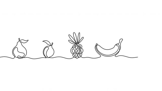 Minimal one-line fruit illustration featuring continuous contour drawings of various fruits. Clean linear style perfect for modern prints, logos, packaging, healthy food concepts