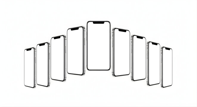 Multiple smartphones arranged in an arc, isolated on white background