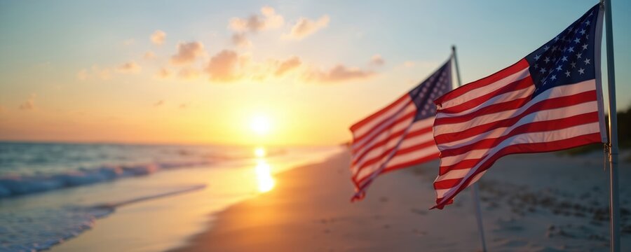 American flags on beach at sunset. USA flag waves near the ocean at twilight. Scenic view of coast with patriotic symbols during evening. Memorial Day or Labor Day celebration.