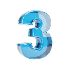 Fototapeta premium Shiny blue glass number three digit isolated on transparent background