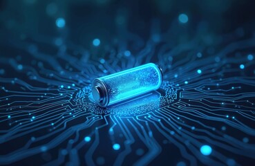 Blue battery glows, resting on sophisticated dark tech circuit board background. Represents energy storage, digital power, efficiency for modern devices. Image visualizes electricity supply, future