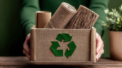 Eco-friendly Materials Stored in a Box With a Recycling Symbol, Showcasing Sustainable Practices in Craft Projects