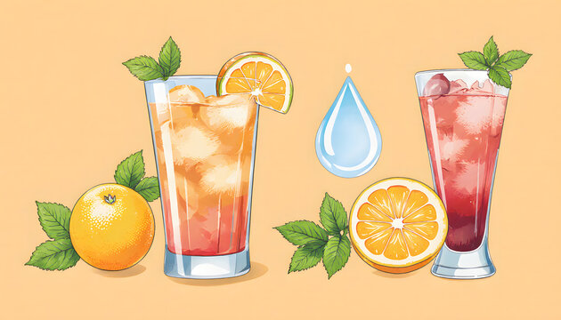Refreshing cocktails with oranges and mint on bright background for Dry January Challenge  