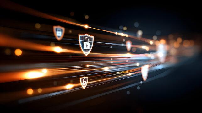 a secure digital data transfer with encrypted data streams flowing between devices. Including lock icons, shields, and glowing data paths to emphasize security, cybersecurity concept