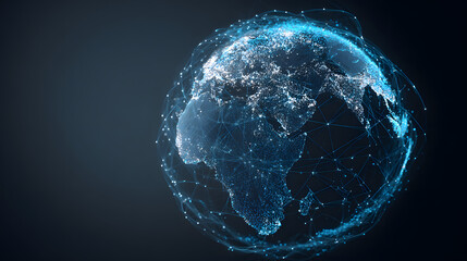 The globe is illuminated with digital connections, showcasing global data networks in a striking blue color against a dark background