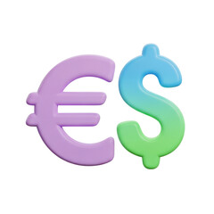 Obraz premium Colorful euro and dollar currency symbols intertwined together isolated on transparent background