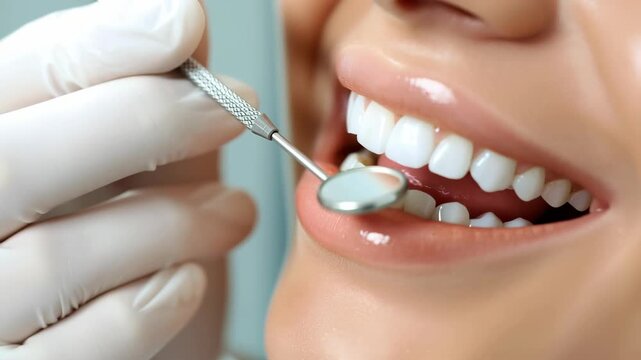 Close-up angle of a smiling patient during a dental check-up, highlighting healthy teeth. Ideal for a dental care video or promotional material.