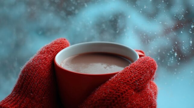 Pair of red knitted mittens holding a red mug of hot chocolate. the mug is filled with a dark brown liquid, which appears to be hot chocolate, and is resting on a blue surface.